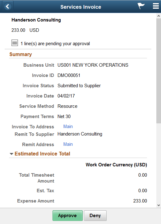 Services Invoice header approval page as displayed on a smartphone
