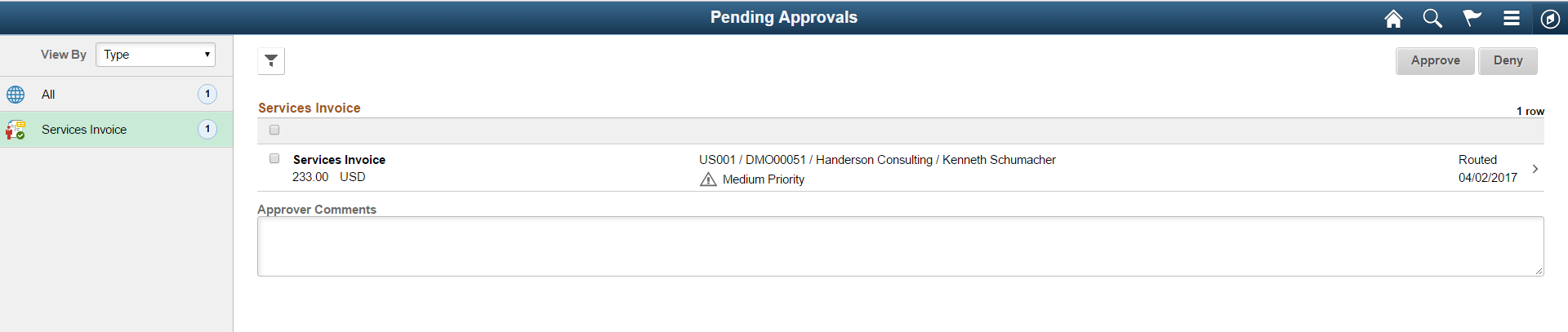 Pending Approvals - Services Invoice list page