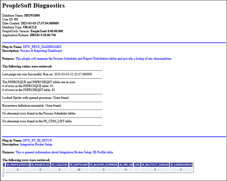 PeopleSoft Diagnostics page in HTML format 1 of 2