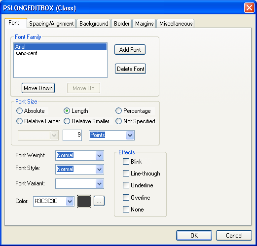 PSLONGEDITBOX (Class) dialog box: Font tab