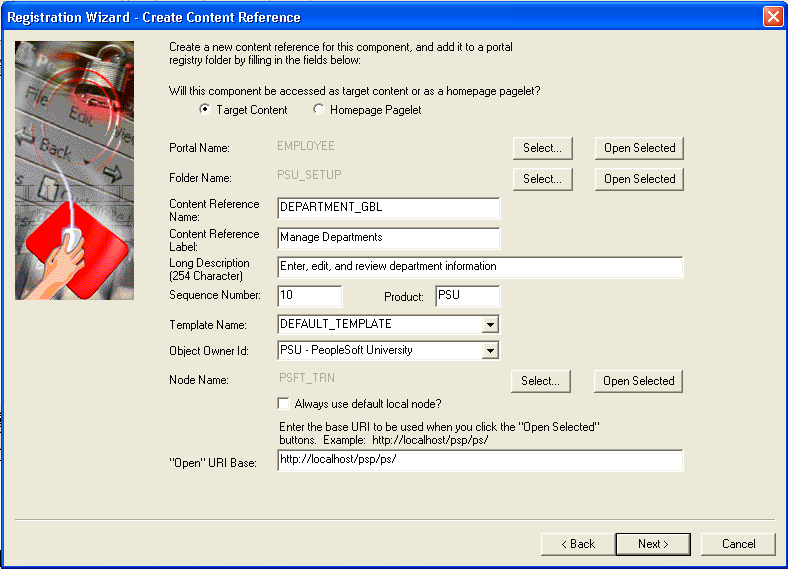 Registration Wizard - Create Content Reference dialog box