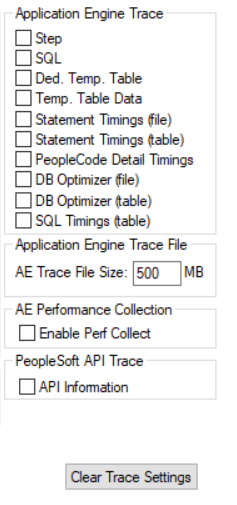 Application Engine Trace check boxes and file size