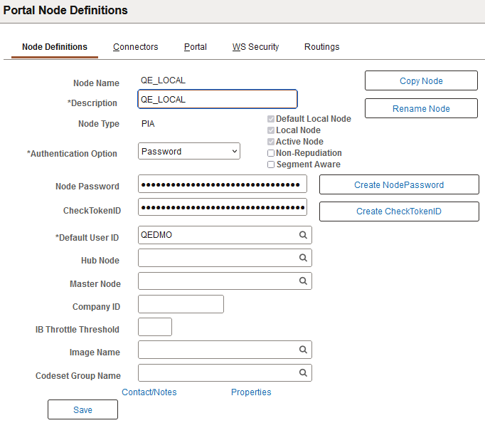 Portal Nodes Definitions page - Node Definitions for default local node