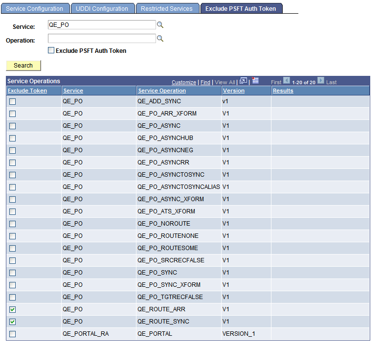 Services Configuration - Exclude PSFT Auth Token page