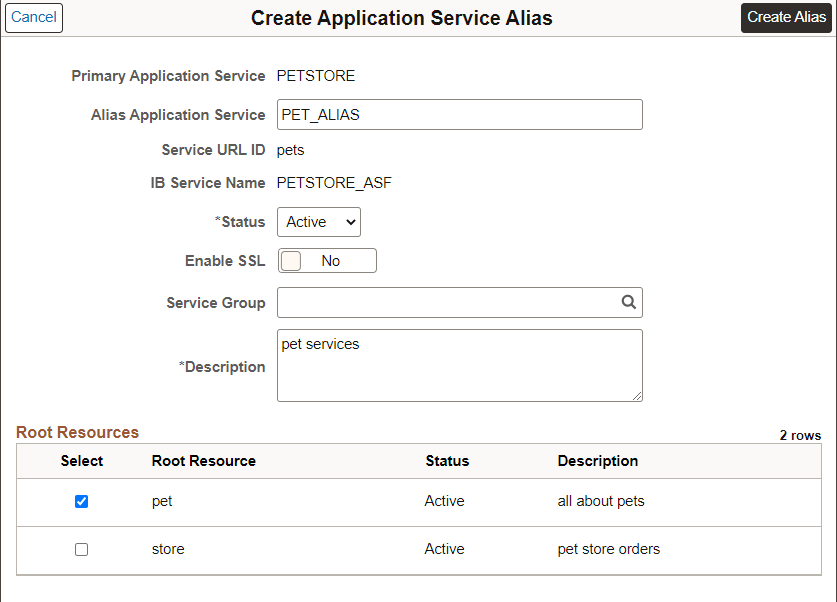 Create Application Service Alias page
