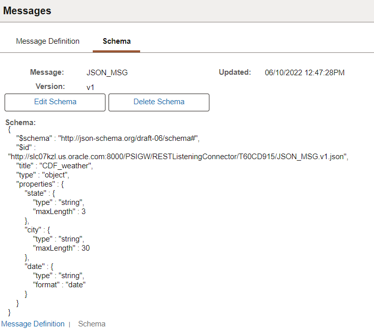 Schema page for Nonrowset-based message