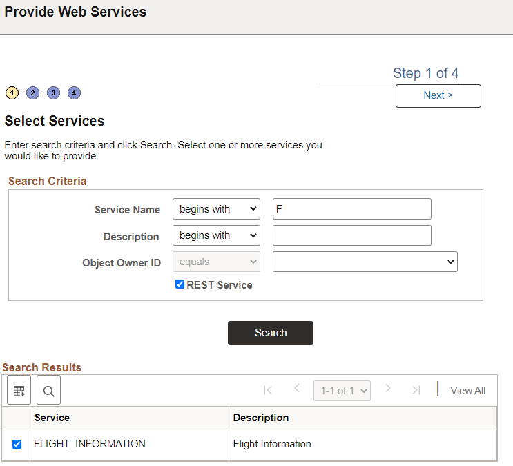 Select Services page with REST Service selected