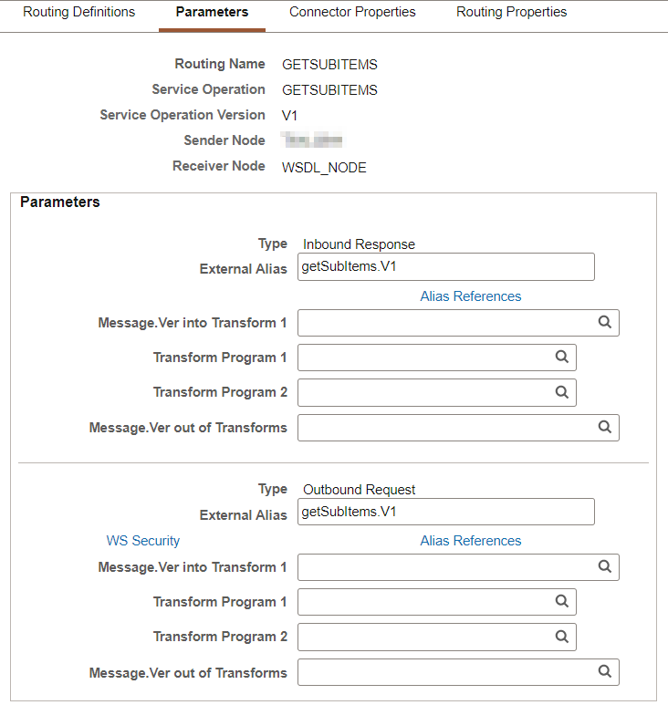 Routings - Parameters page