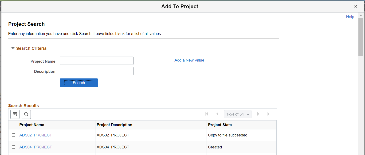 Add to Project- Project Search page