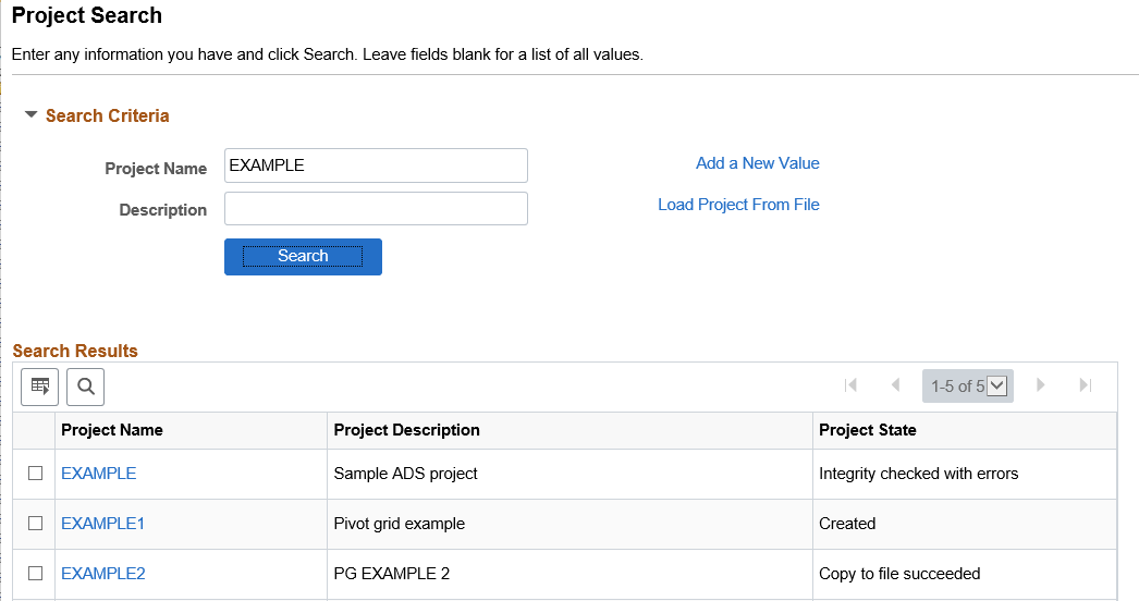 Project Search page