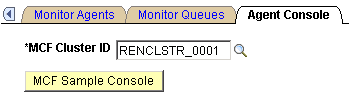 The Agent Console page having the MCF Cluster ID editable field and the MCF Sample Console button.