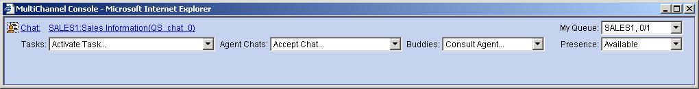 The MultiChannel Console navigation tool having the following editable fields: Tasks, Agent Chats, Buddies, My Queue, and Presence.