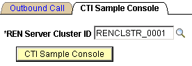 The CTI Sample Console page having the editable field REN Server Cluster ID and the CTI Sample Console button.