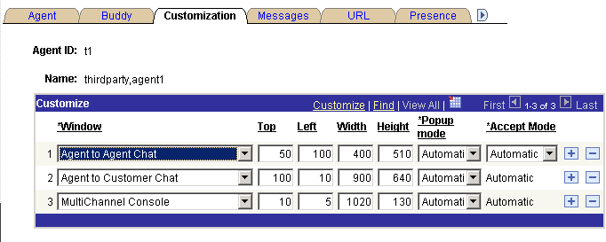 The Customization page displaying the Agent ID and Name and having the following editable fields: Window, Top, Left, Width, Height, Popup Mode, and Accept Mode.