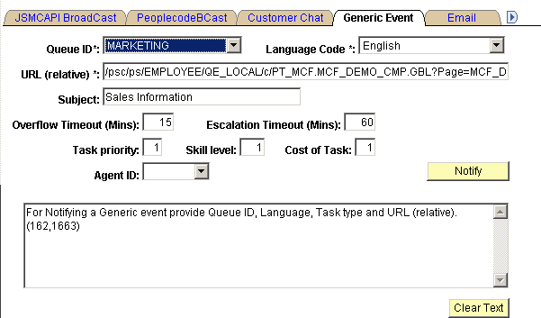 The Generic Event page having the following editable fields - Queue ID, Language Code, URL (relative), Subject, Overflow Timeout in minutes, Escalation Timeout in minutes, Task Priority, Skill Level, Cost of Task and Agent ID