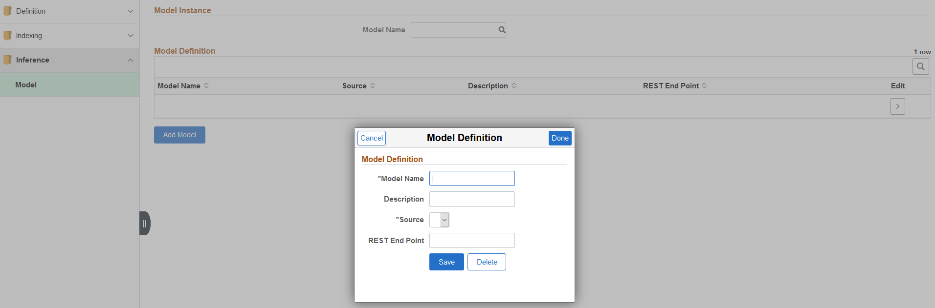 Model Definition page