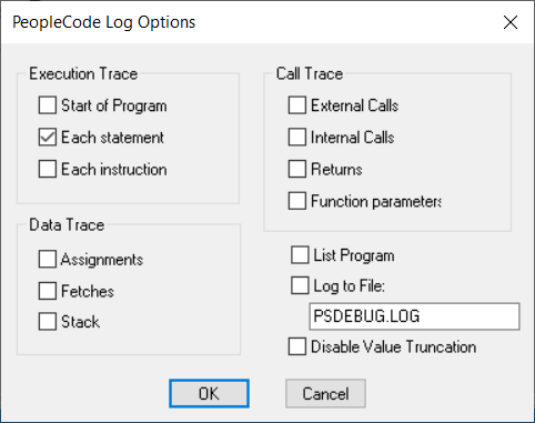 PeopleCode Log Options dialog box