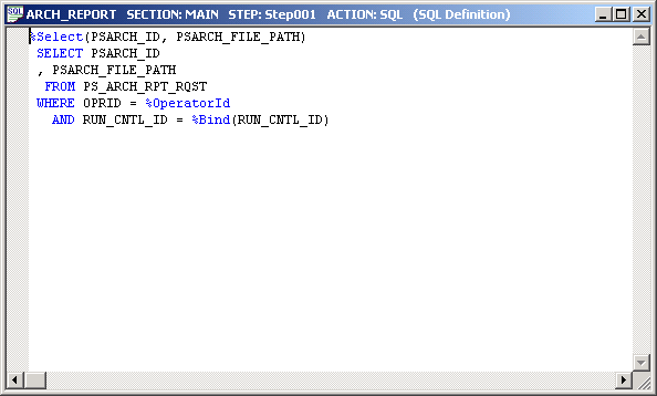Example of an Application Engine program in the SQL Editor window