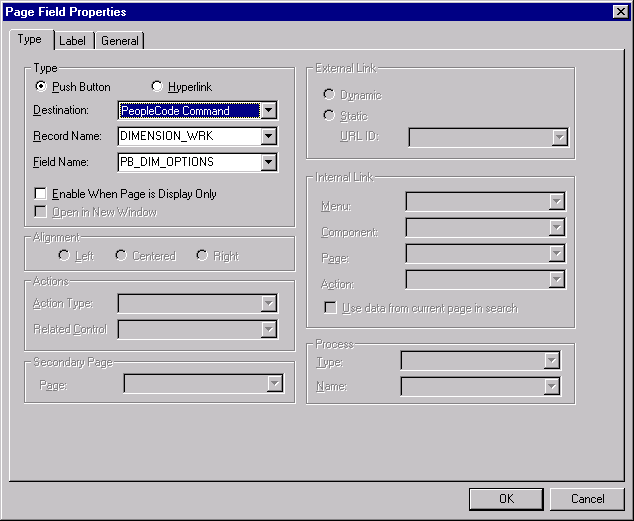 Page Field Properties dialog box for buttons