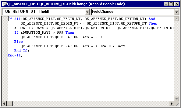 PeopleCode Editor window with record field PeopleCode