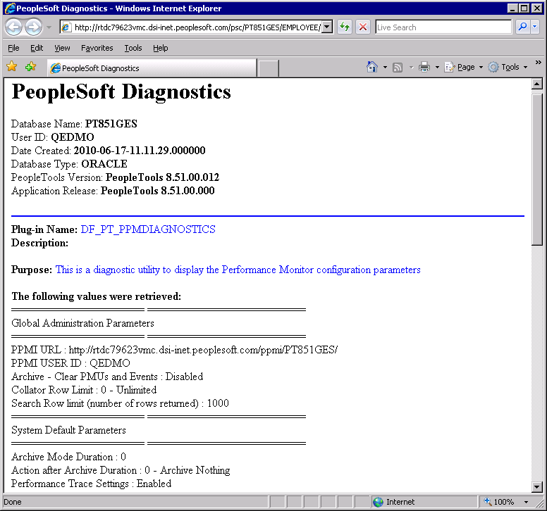 Sample Performance Monitor diagnostic plug-in output