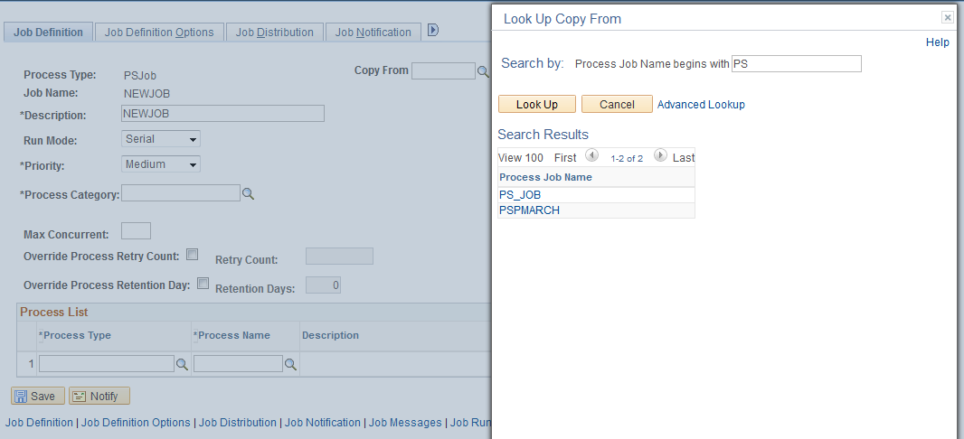 Copy From Job Definition - Look Up Copy From page