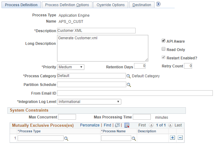 Process Definition page