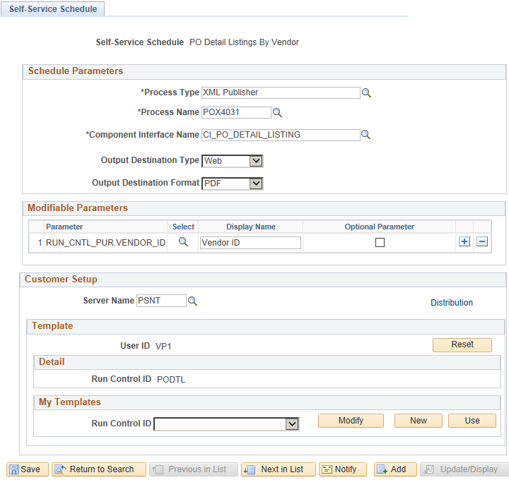 Self-Service Schedule - PO Detail Listing By Vendor page