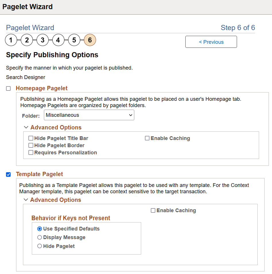 Specify Publishing Options page (1 of 2)