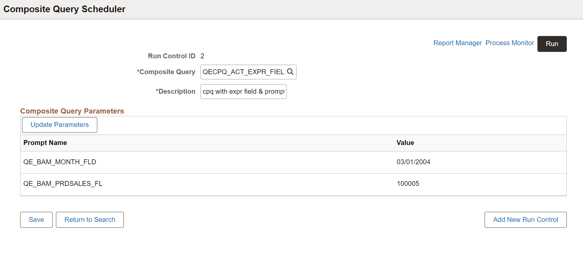 Composite Query Scheduler page on selecting the Run Control ID