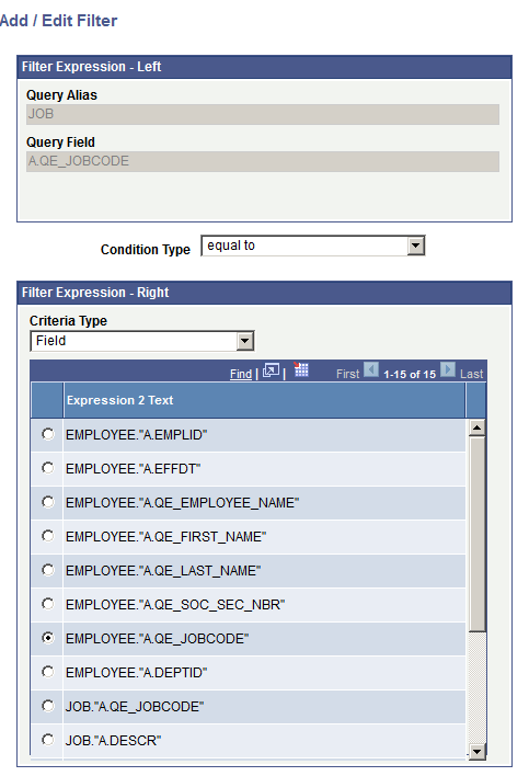 Add / Edit Filter page - value in the Criteria Type drop-down list is set to Field