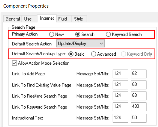 Primary actions and search or lookup types for configurable search