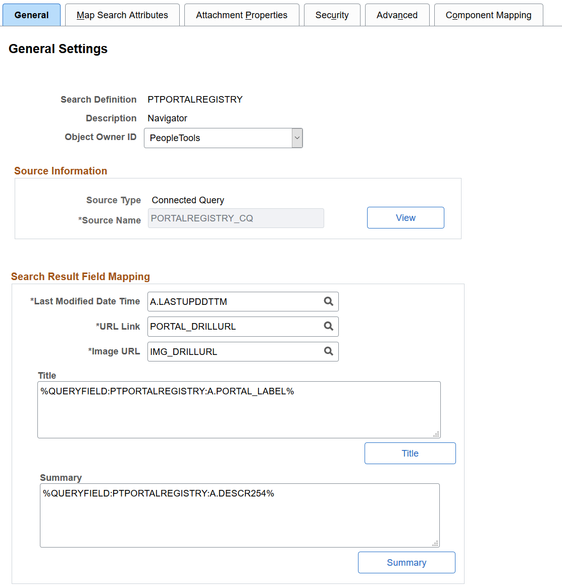 Search Definition - General Settings page