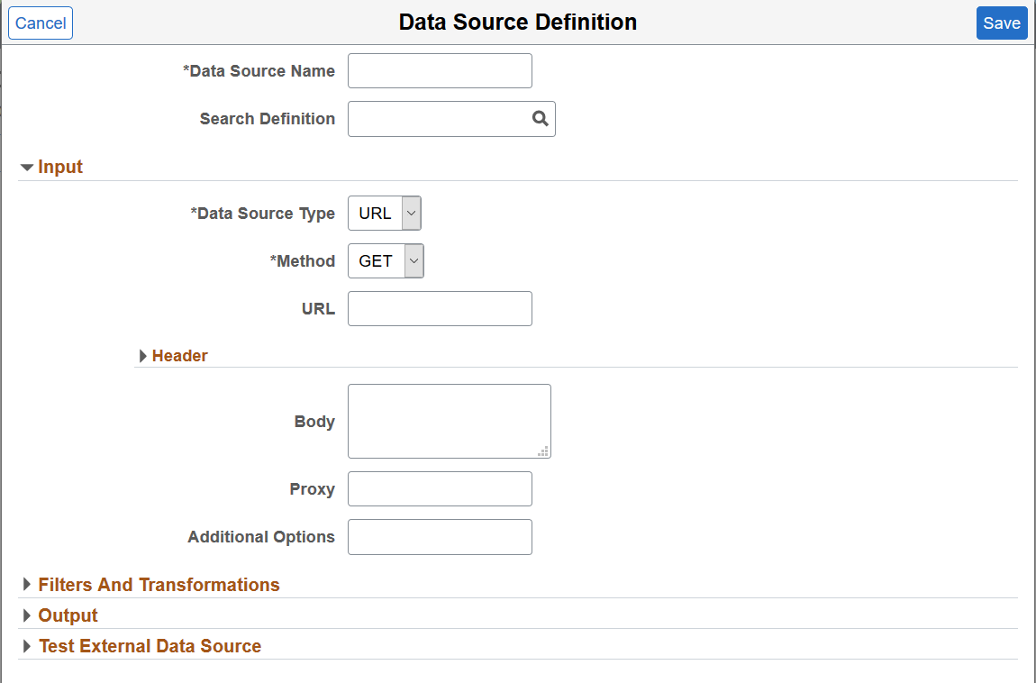 Data Source Definition page