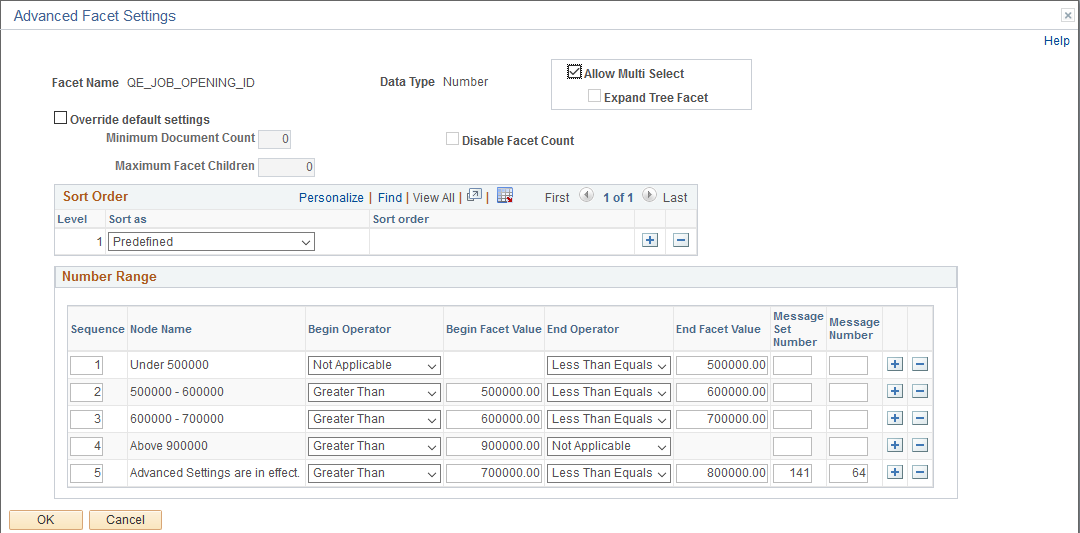 Advanced Facet Settings page (for number data types)