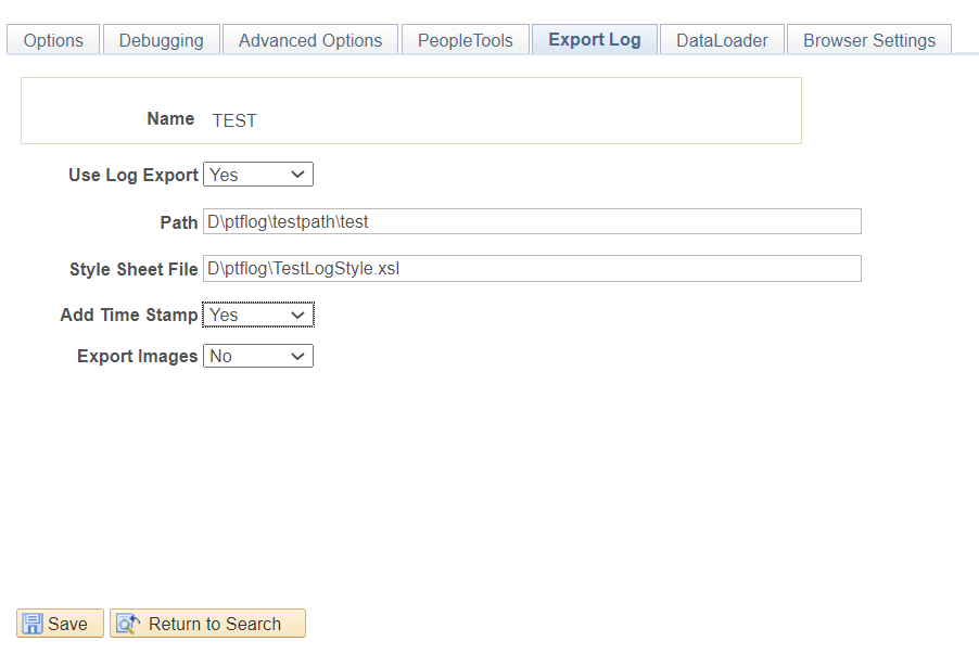 Define Runtime Options-Export Log page