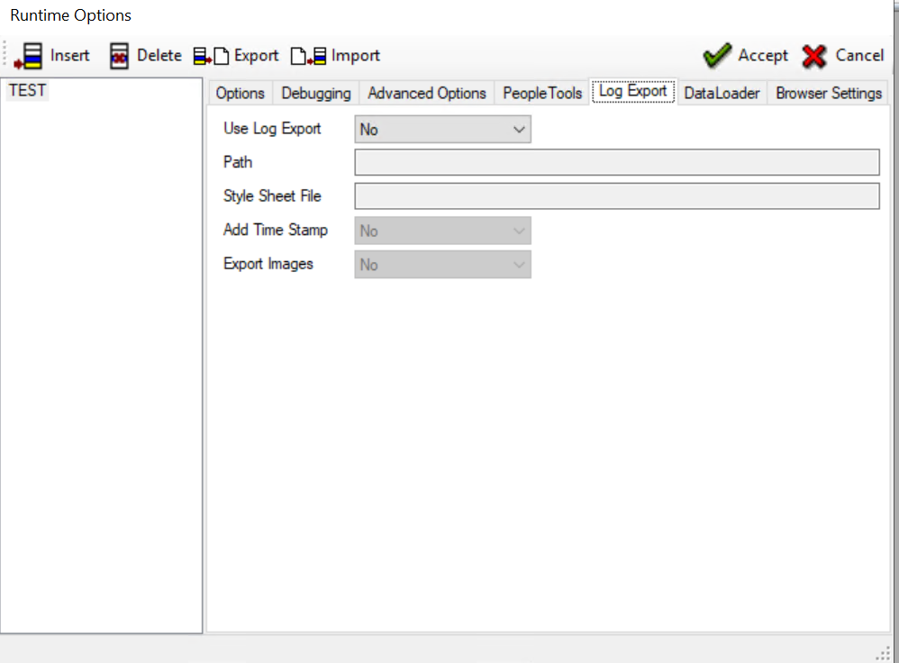Runtime Options dialog - Log Export tab