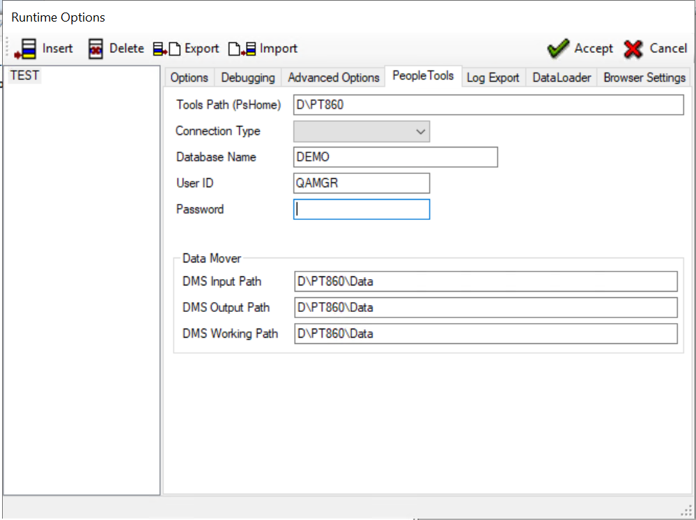 Runtime Options dialog- PeopleTools tab