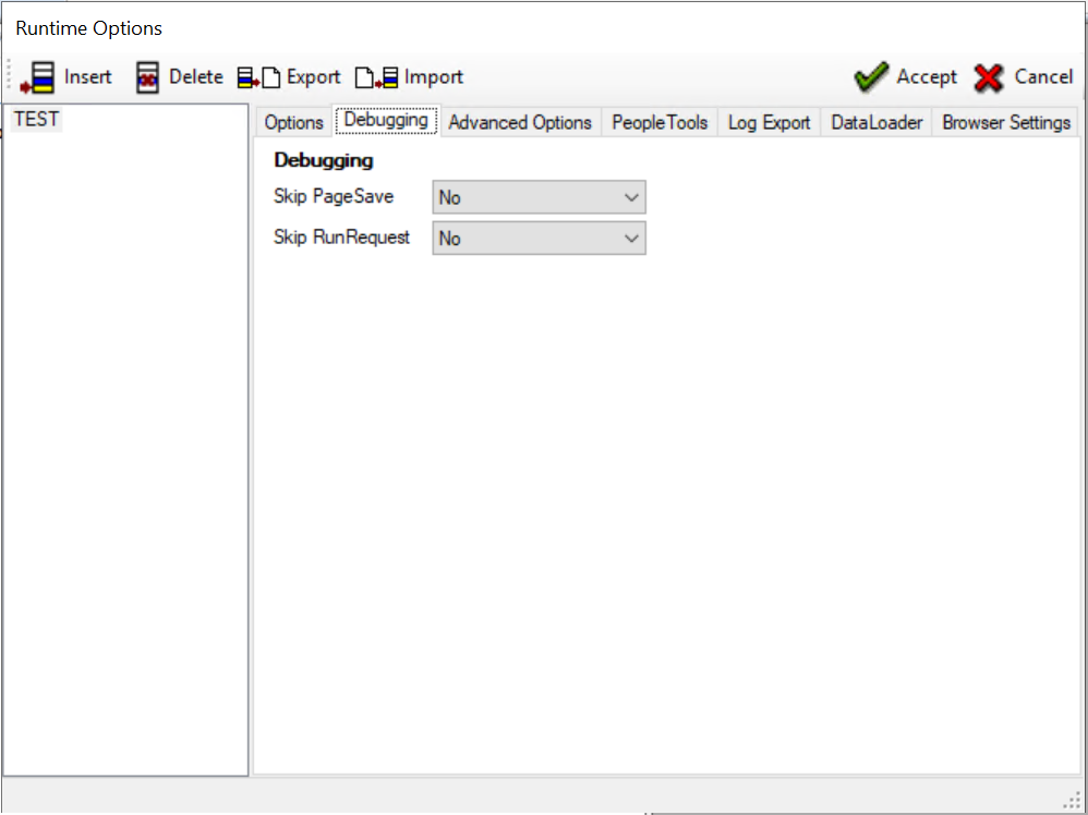 Runtime Options dialog- Debugging tab