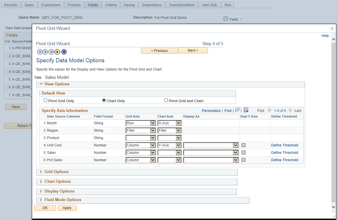 Specify Data Model Options page