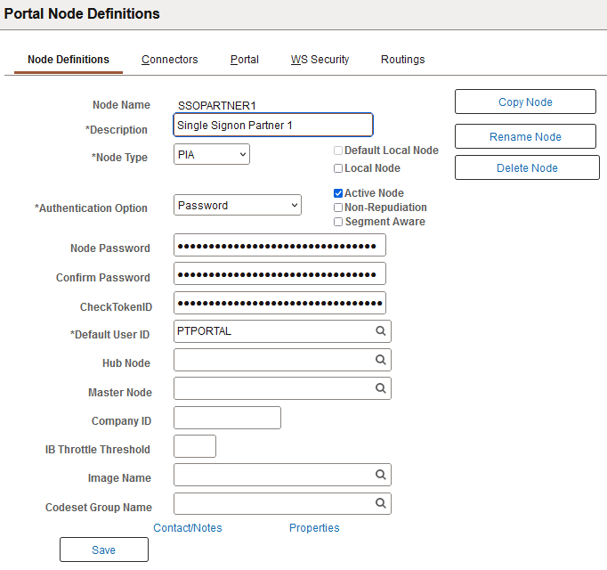 Portal Nodes Definitions page - Node Definitions for remote node