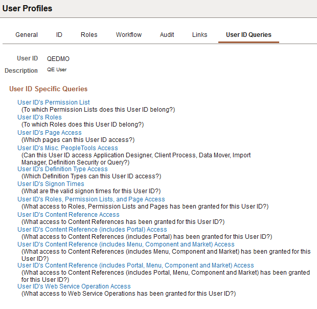 User Profiles - Queries page