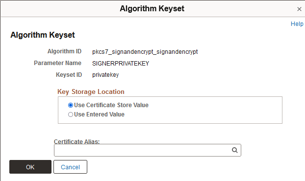 Algorithm Keyset page with Key Storage Location group box