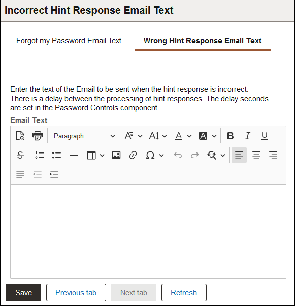 Incorrect Hint Response Email Text page