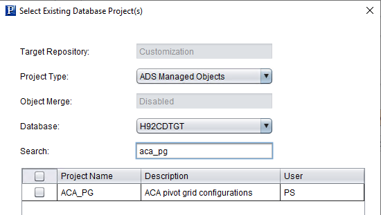 Select Existing Database Project(s) for ADS Managed Objects