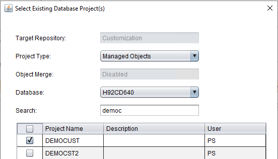 Select Existing Database Project(s) page