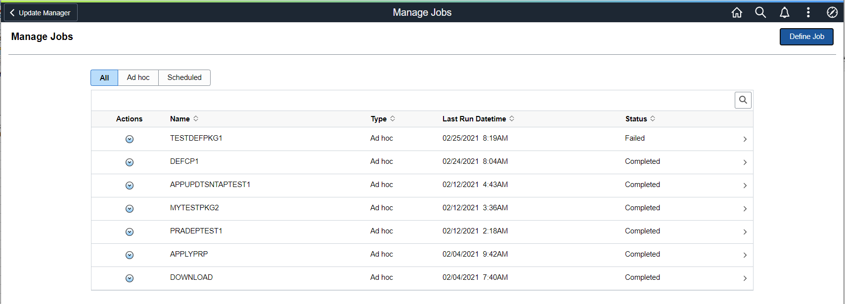 Manage Jobs page