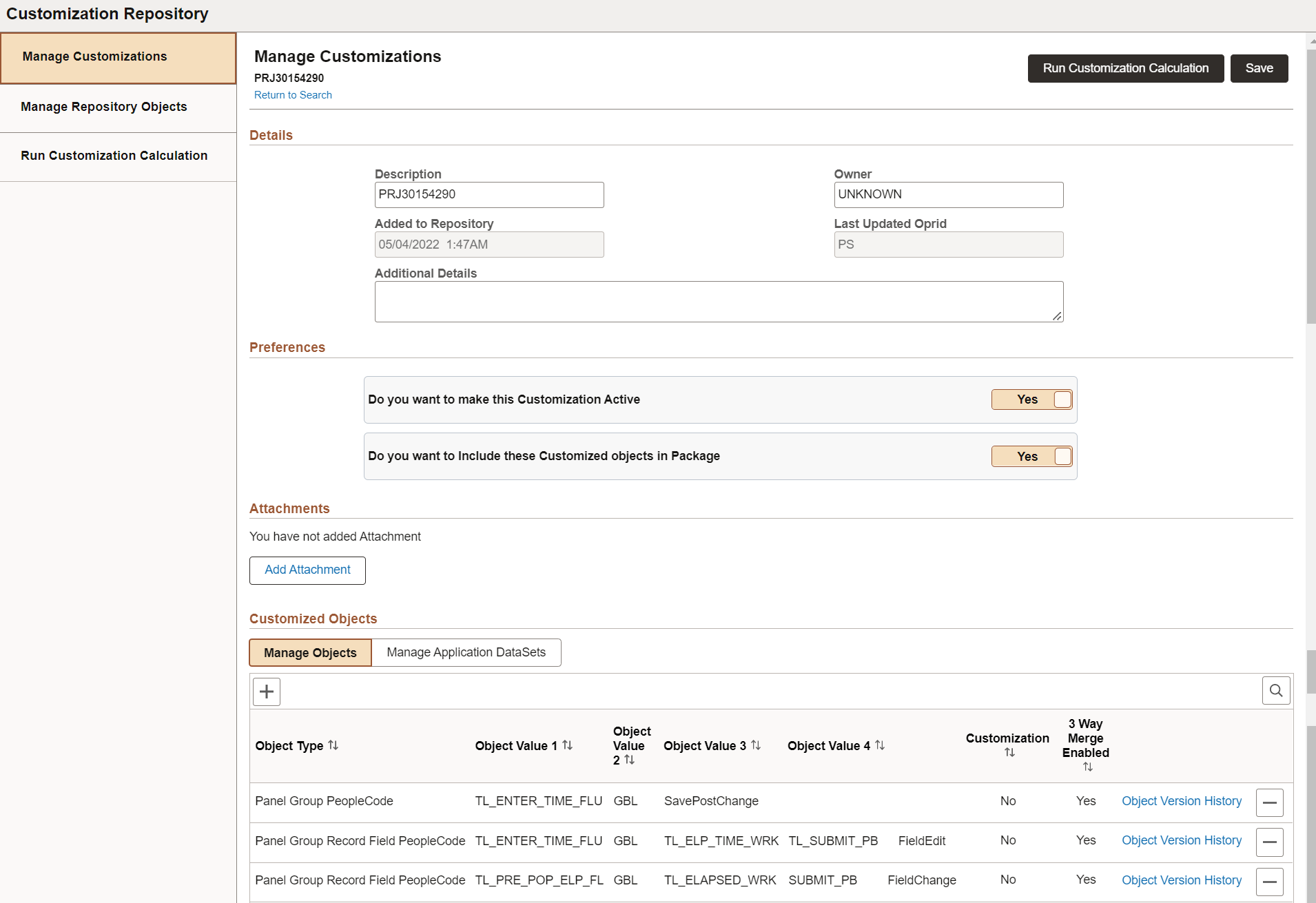 Manage Customizations page