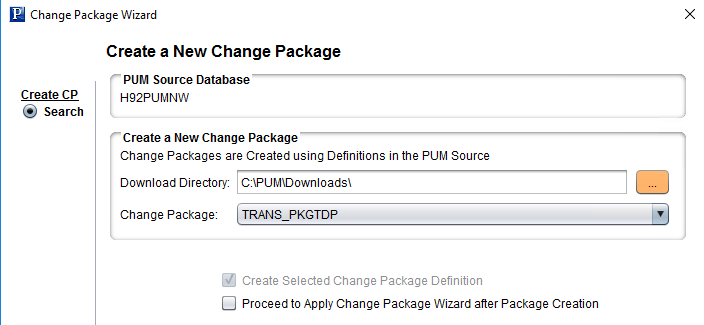 Create a New Change Package page