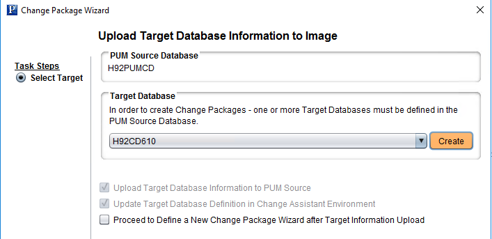 Upload Target Database Information to PUM Source page